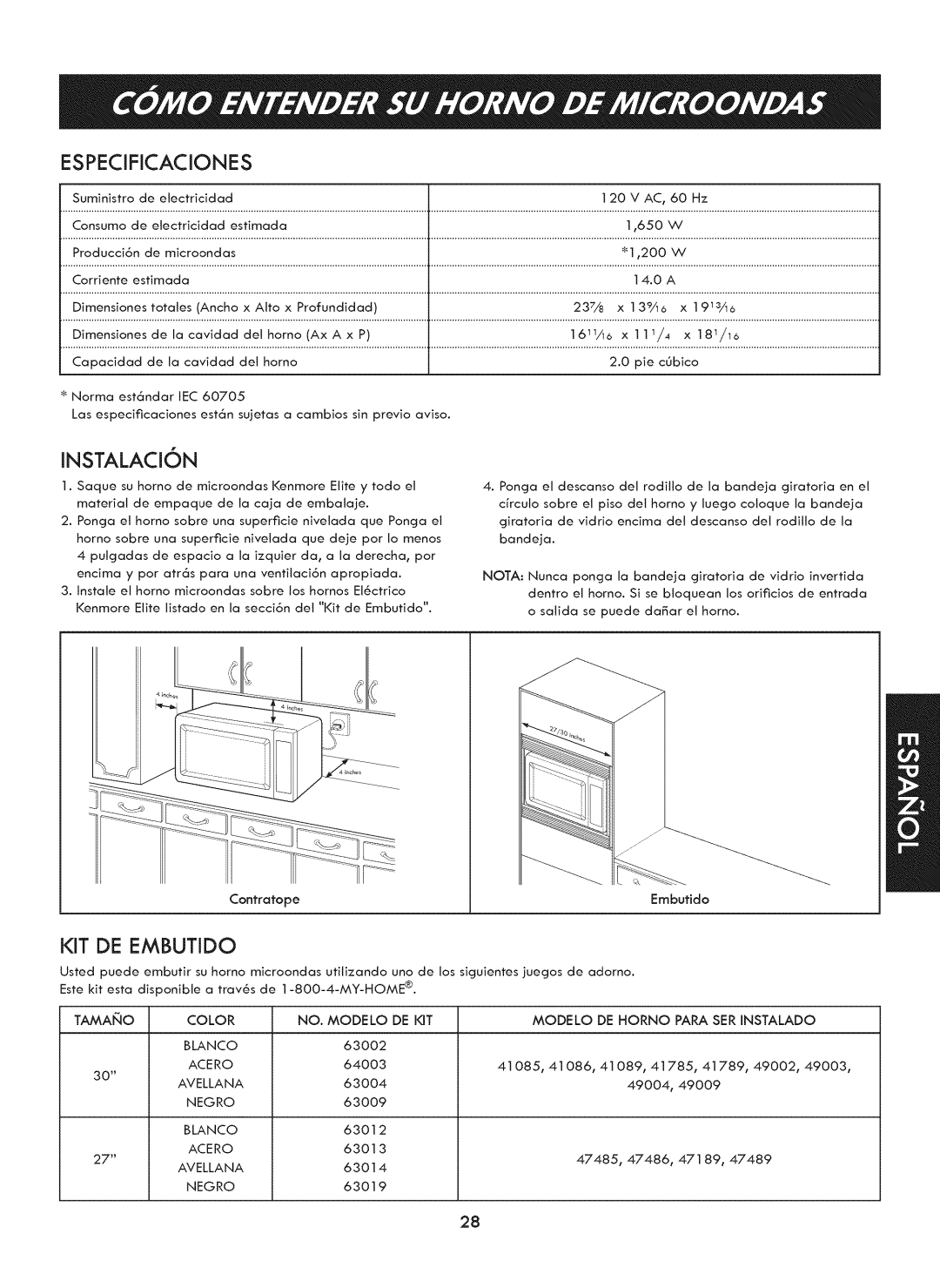 Kenmore 721. 7920 manual Especificaciones, Instalacin, KIT DE Embutido 