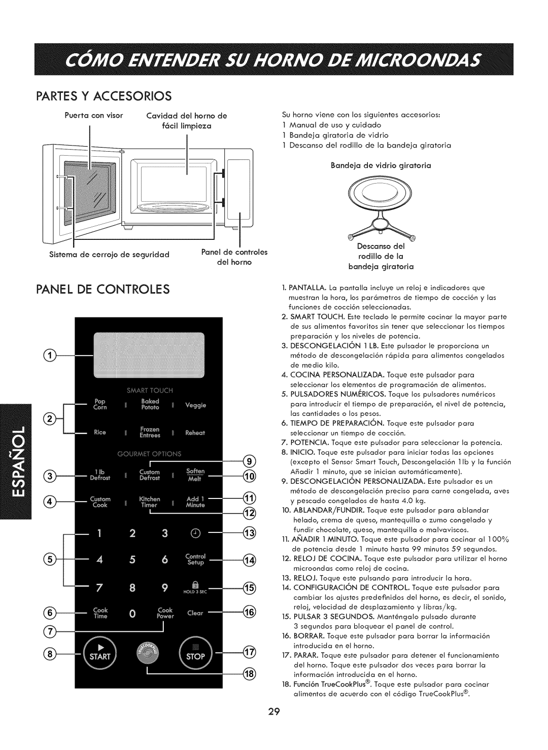 Kenmore 721. 7920 manual Partes Y Accesorios, Panel DE Controles, Sistema de cerrojo de seguridadrodilo de a del homo 