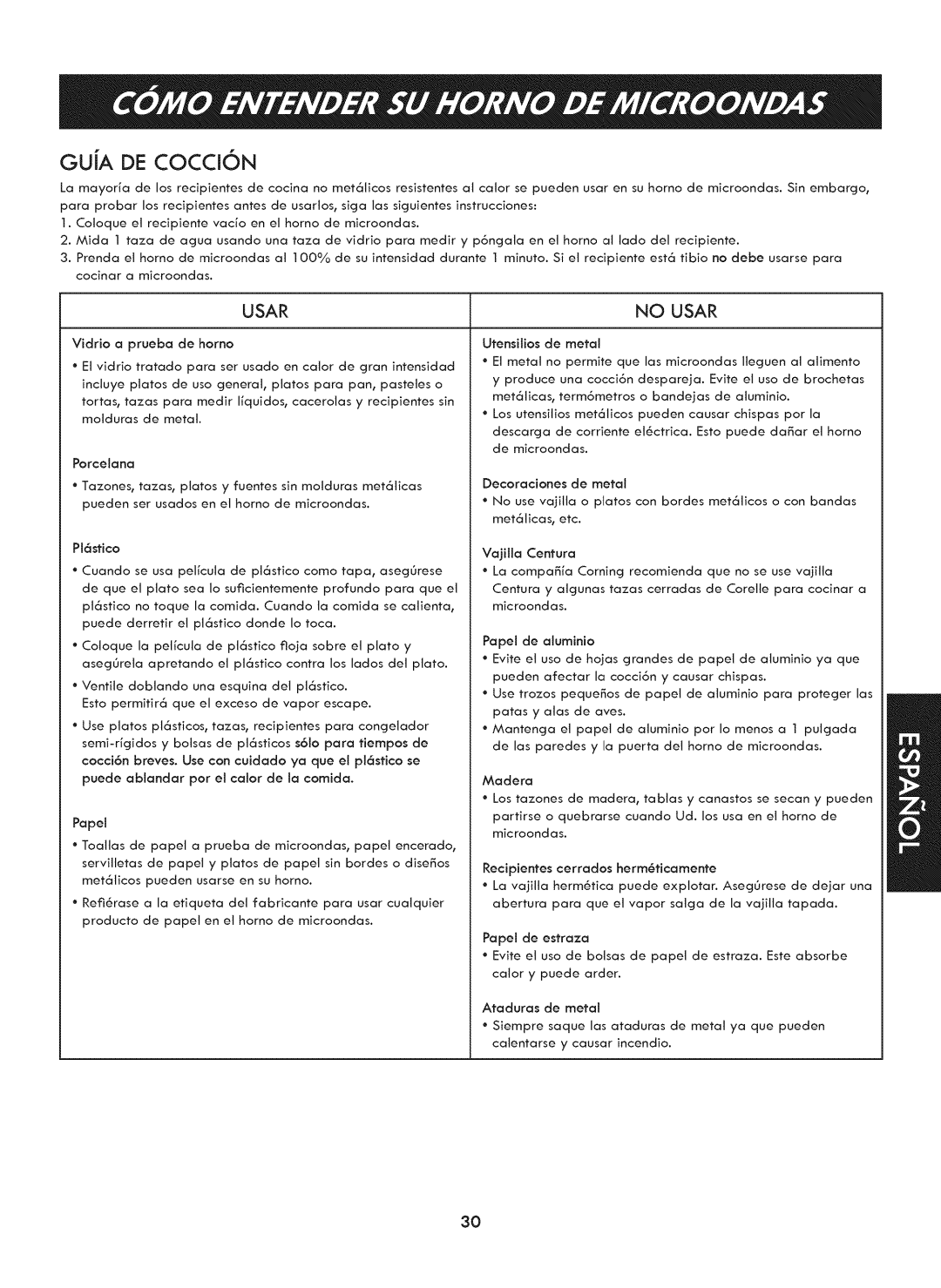 Kenmore 721. 7920 manual GUiA DE Coccion, Usar No Usar 