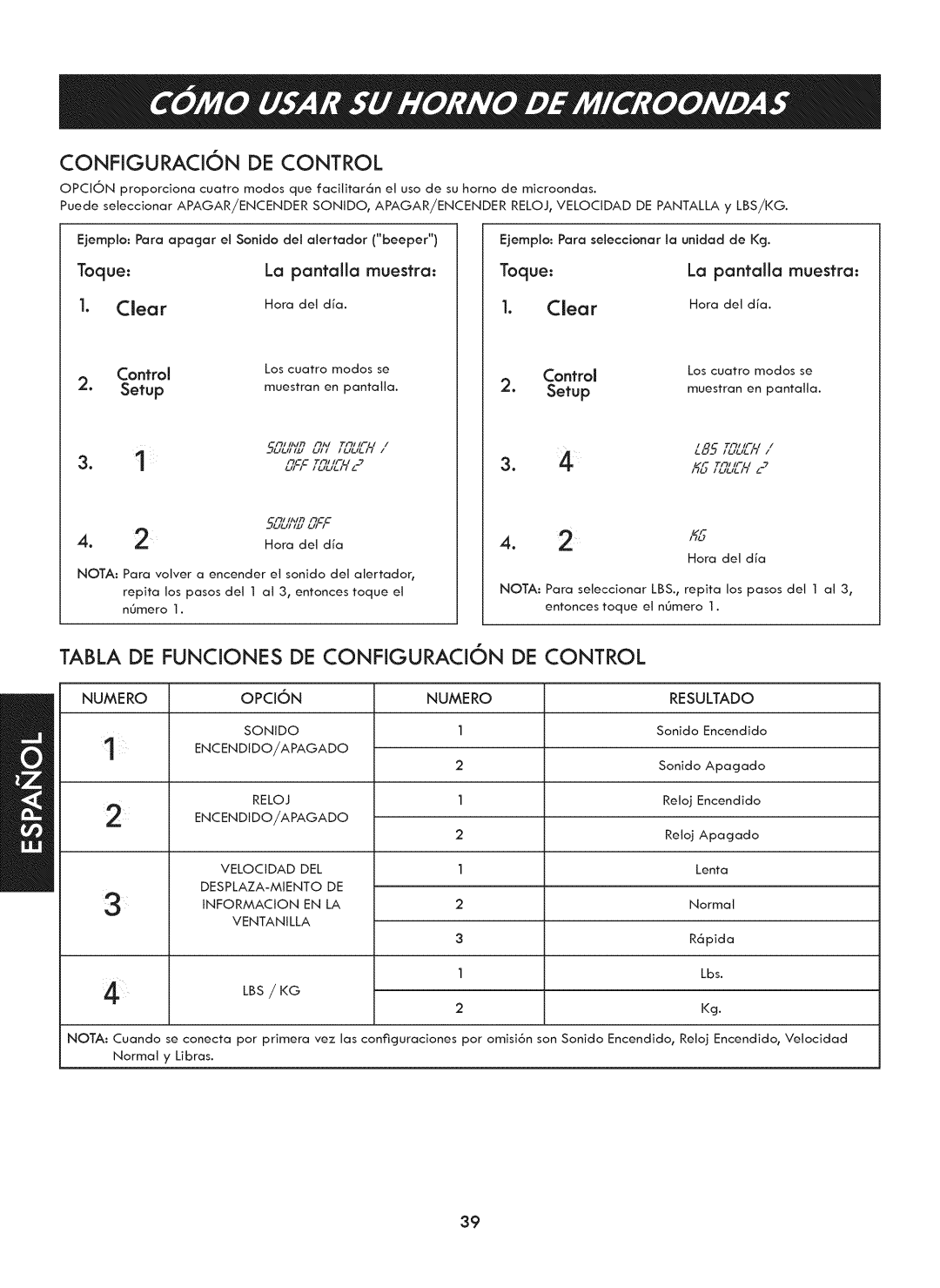 Kenmore 721. 7920 manual Tabla DE Funciones DE Configuracion DE Control, OPCiON 