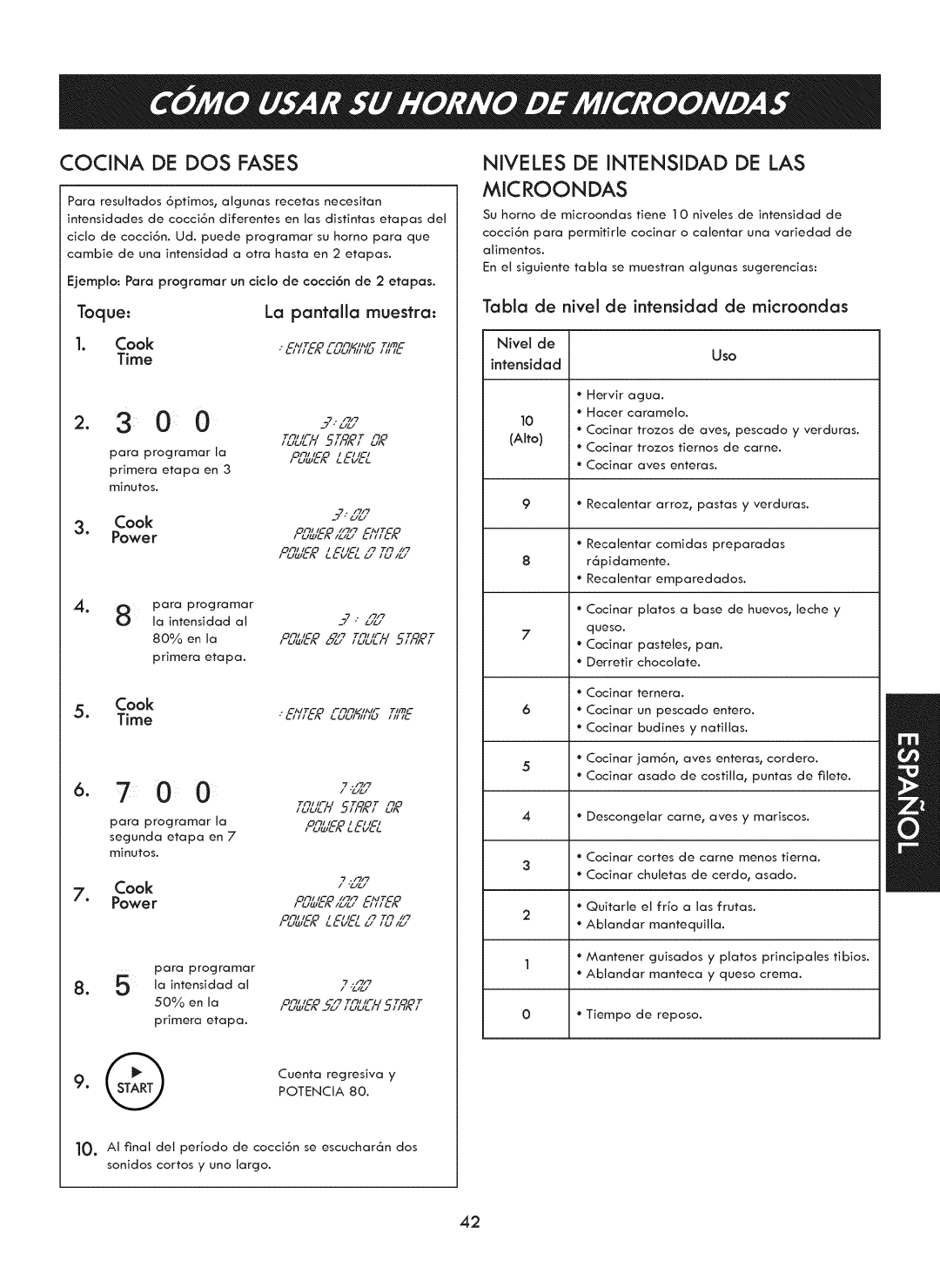 Kenmore 721. 7920 manual Cocina DE DOS Fases, Niveles DE Intensidad DE LAS Microondas, Toque La pantalla muestra Cook 