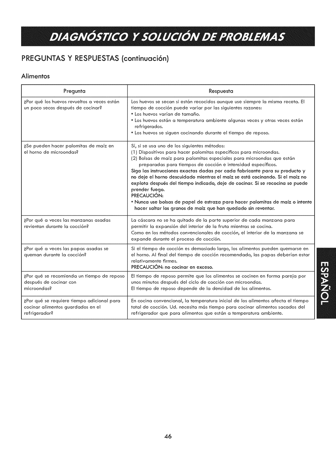 Kenmore 721. 7920 manual Preguntas Y Respuestas confinuaci6n, Alimentos, PRECAUCI6N 