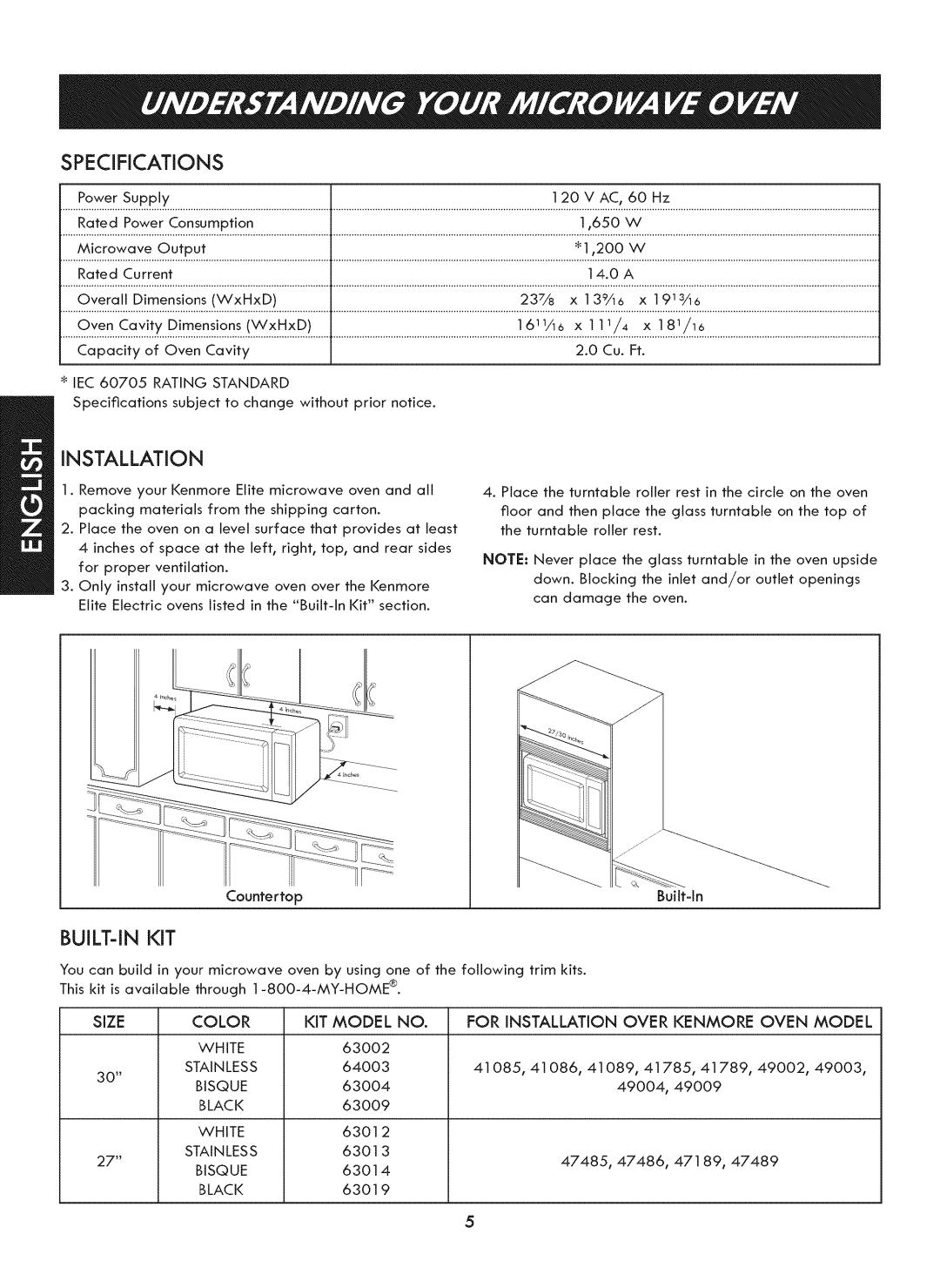 Kenmore 721. 7920 manual Specifications, Installation, Built-In Kit 