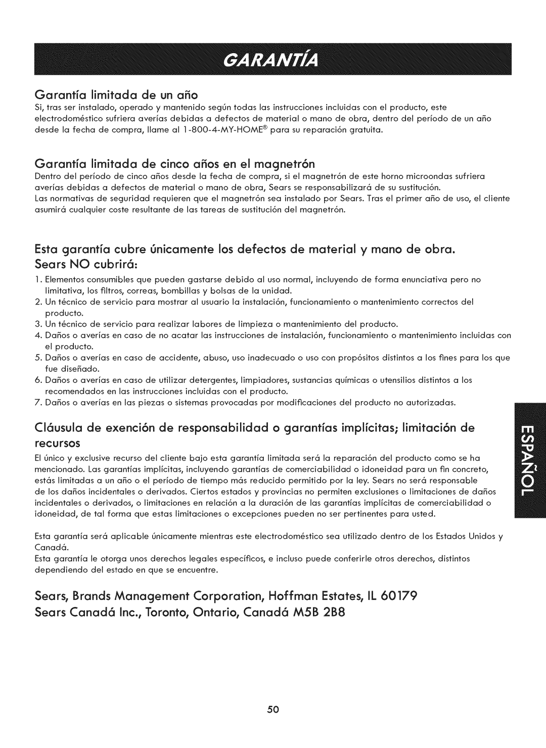 Kenmore 721. 7920 manual Garanta limitada de un ao, Garanta limitada de cinco aSos en eJ macjnetr6n 