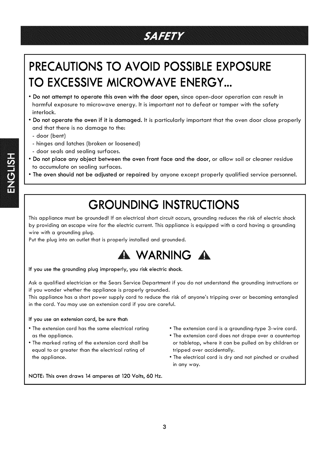 Kenmore 721. 7920 manual Precautionsto Avoid Possibleexposure, To Excessivemicrowave Energy, Grounding Instructions 