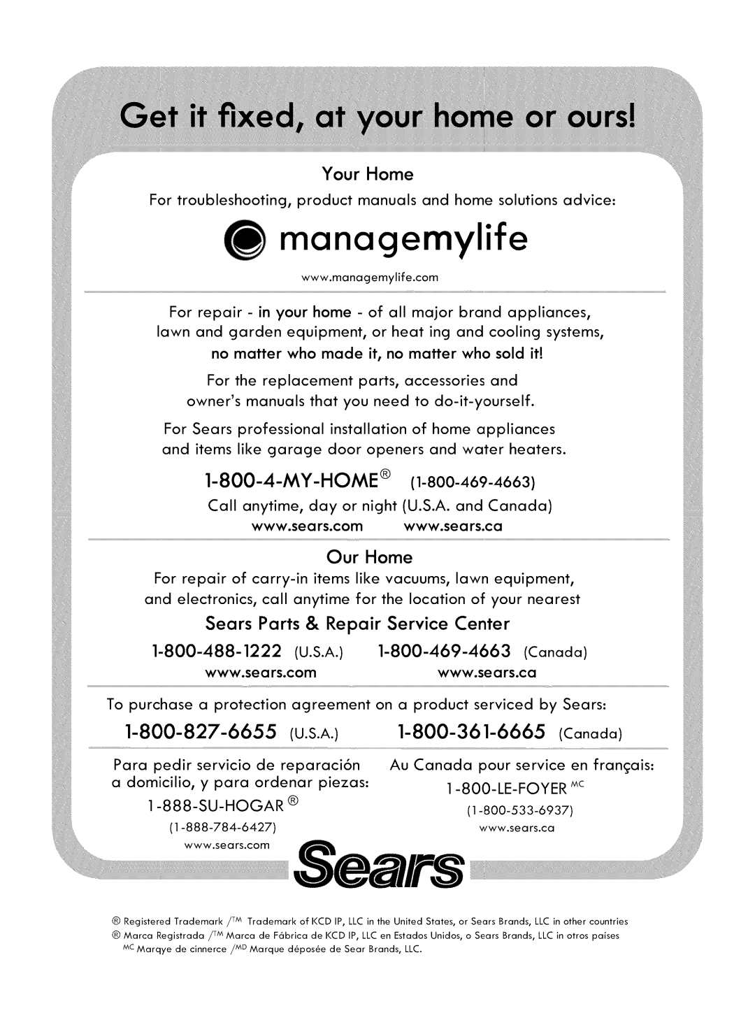 Kenmore 721. 7920 manual Our Home, Sears Parts & Repair Service Center, Your Home, managemylife 
