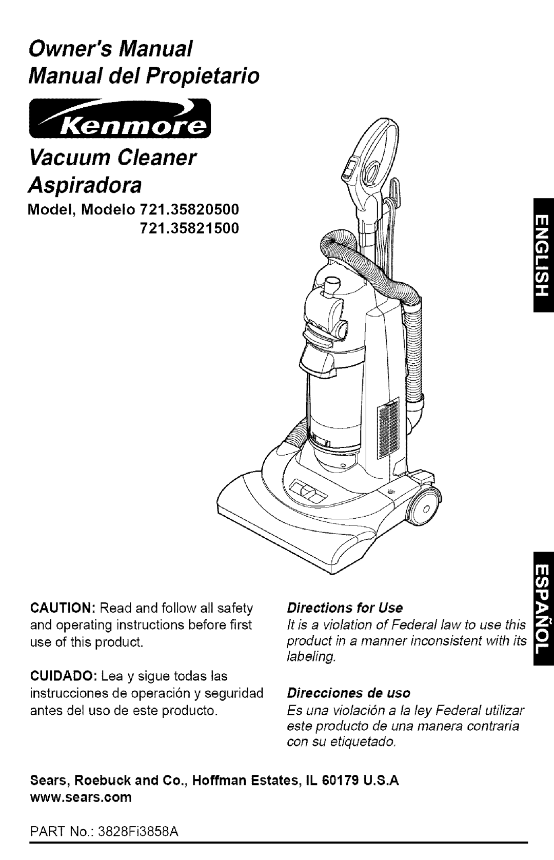 Kenmore 721.358205 owner manual Vacuum Cleaner Aspiradora 