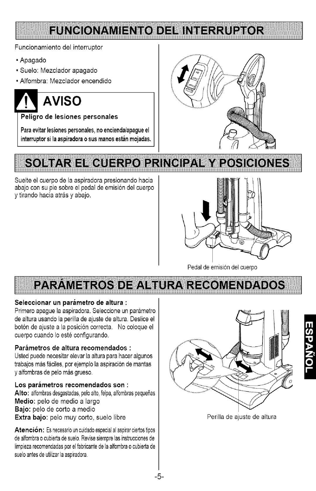 Kenmore 721.358205 owner manual Seleccionar un parmetro de altura, Los parmetros recomendados son, Extra 