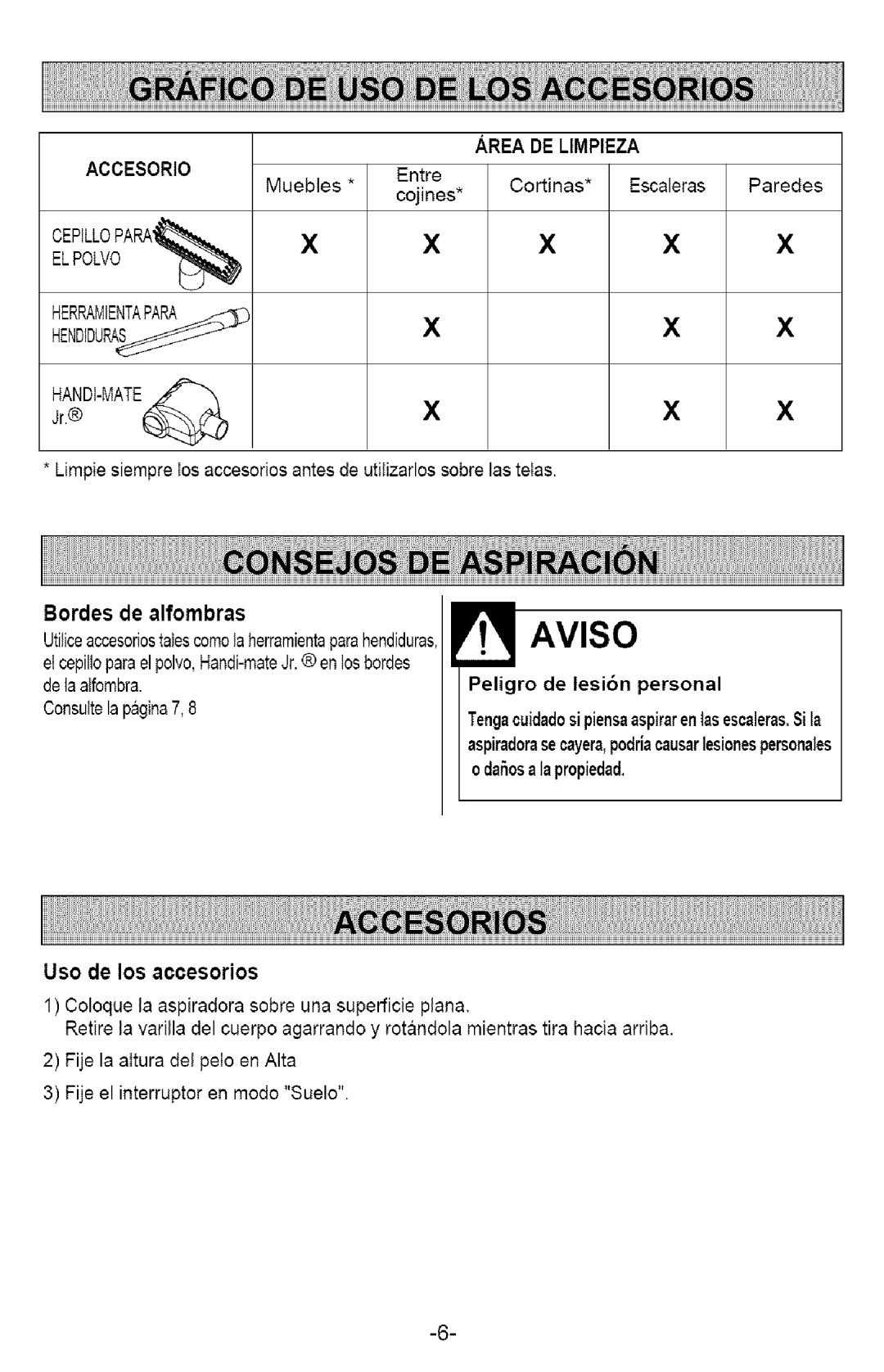 Kenmore 721.358205 owner manual Peligro de lesibn personal, Bordes de alfombras 