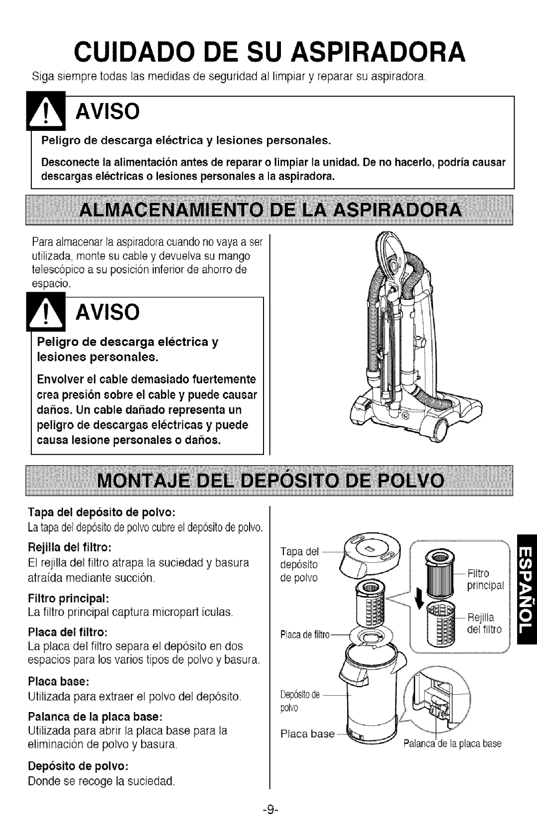 Kenmore 721.358205 Tapa del deposito de polvo, Filtro principal, Placa del filtro, Placa base, Palanca de la placa base 