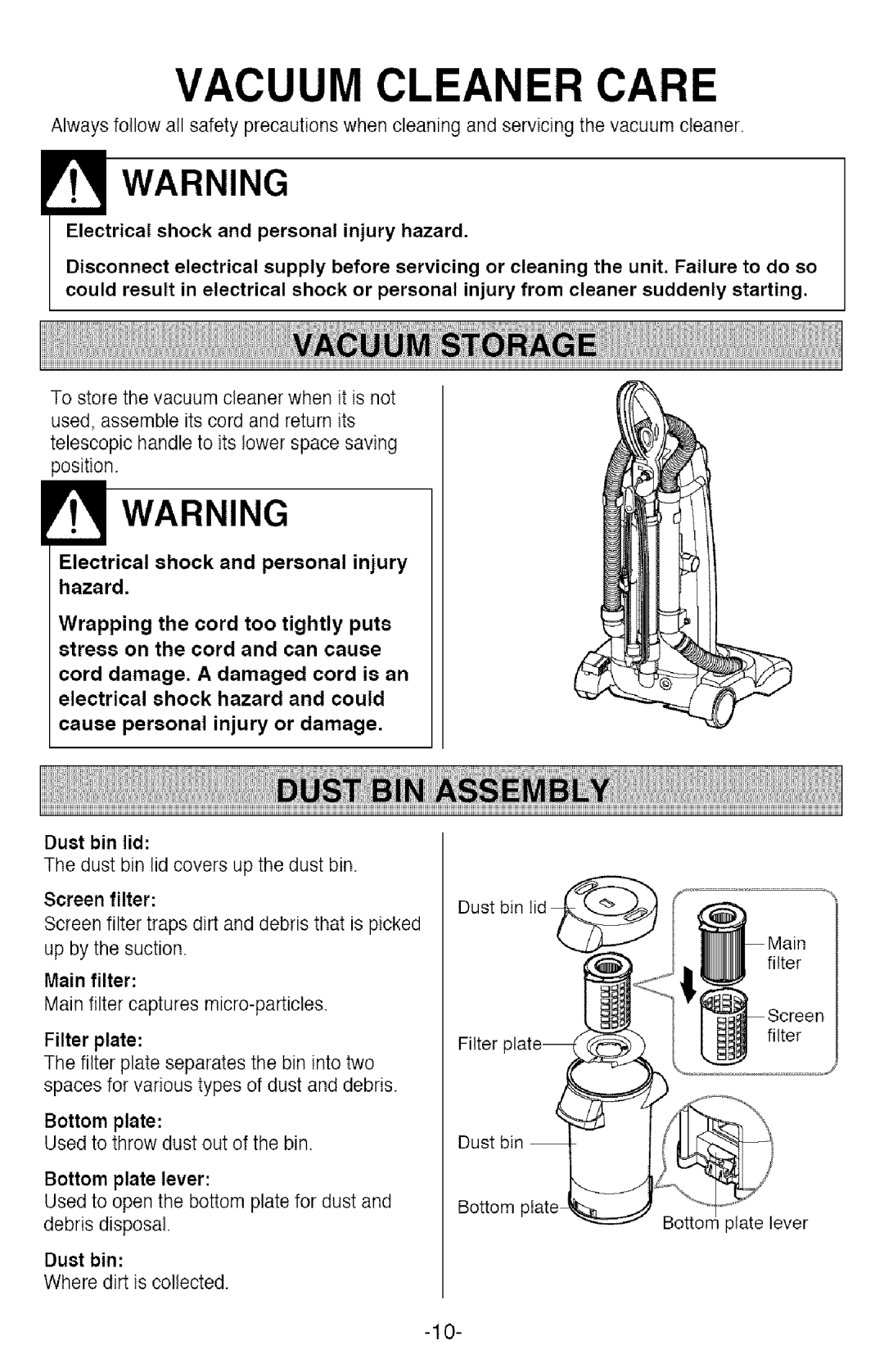 Kenmore 721.358205 Vacuum Cleaner Care, Electrical shock and personal injury hazard, Screen filter, Main filter, Dust bin 