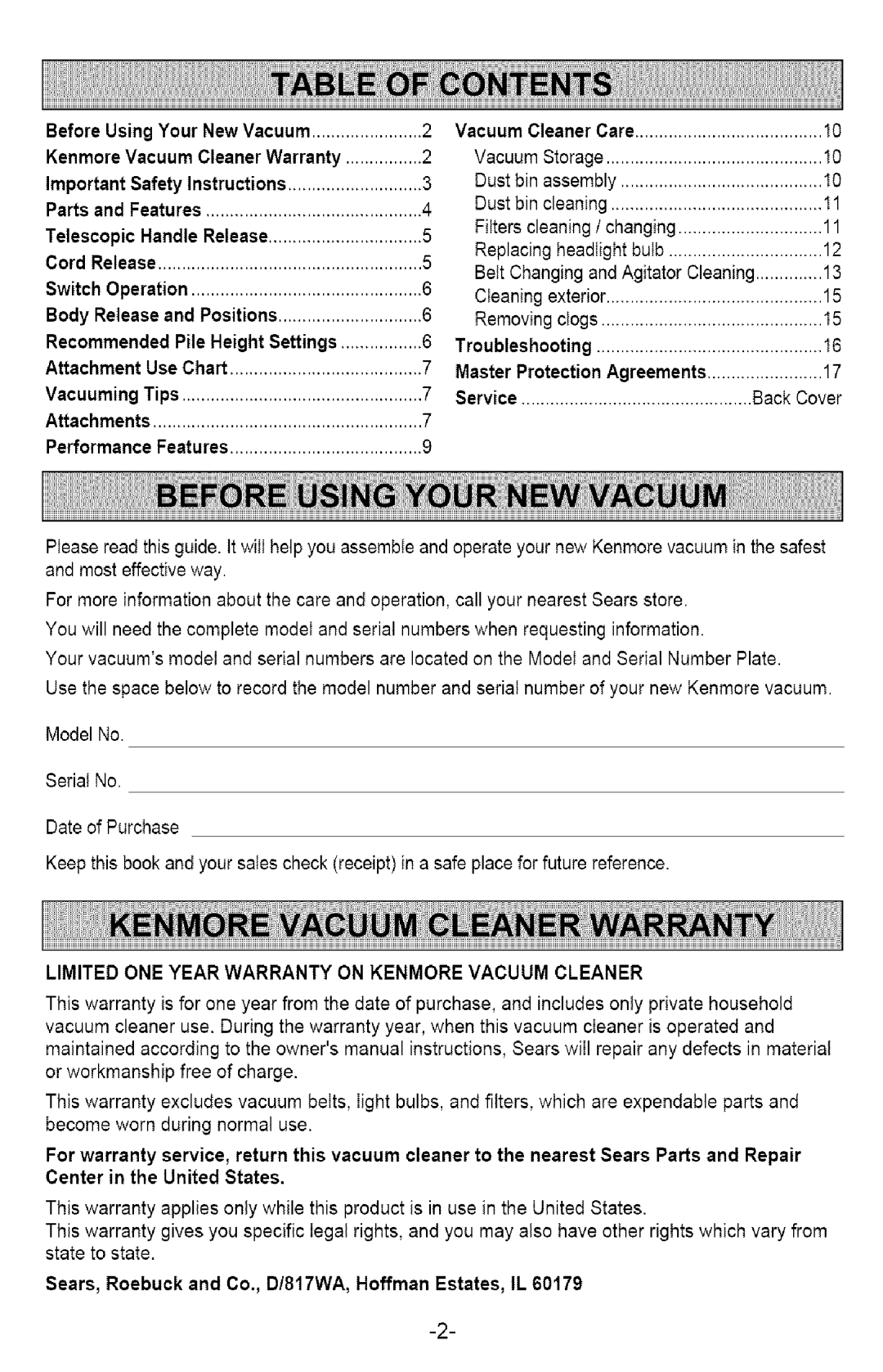 Kenmore 721.358205 owner manual BeforeUsingYour New Vacuum, KenmoreVacuum CleanerWarranty, RecommendedPile HeightSettings 