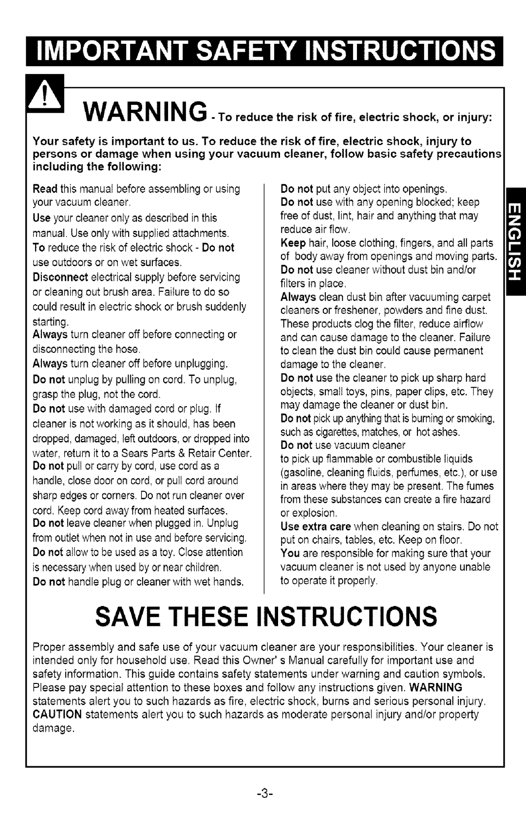 Kenmore 721.358205 owner manual Save These Instructions 