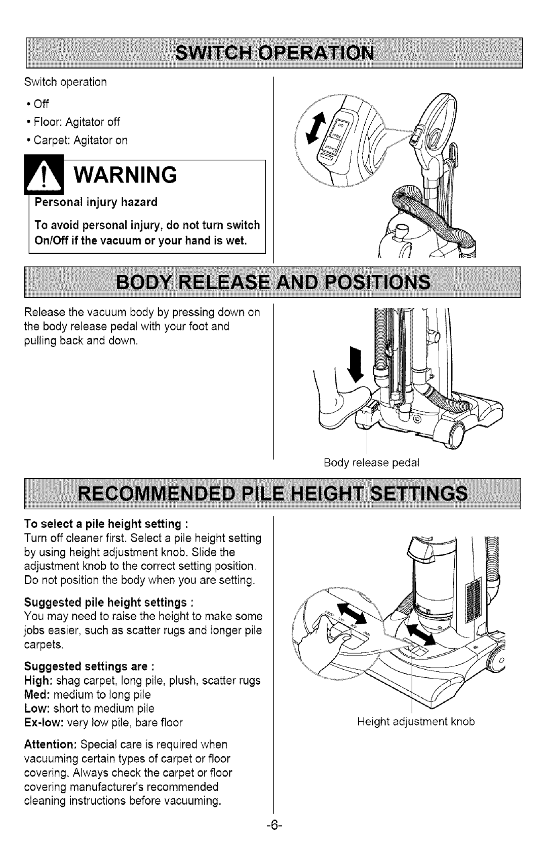 Kenmore 721.358205 owner manual Personal injury hazard, To select a pile height setting, Suggested pile height settings 