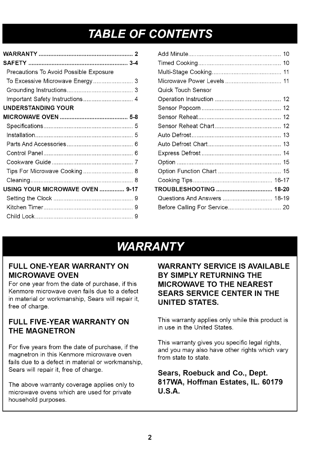 Kenmore 721.61283 manual Sears, Roebuck and Co., Dept 817WA, Hoffman Estates, IL, Warranty Safety 