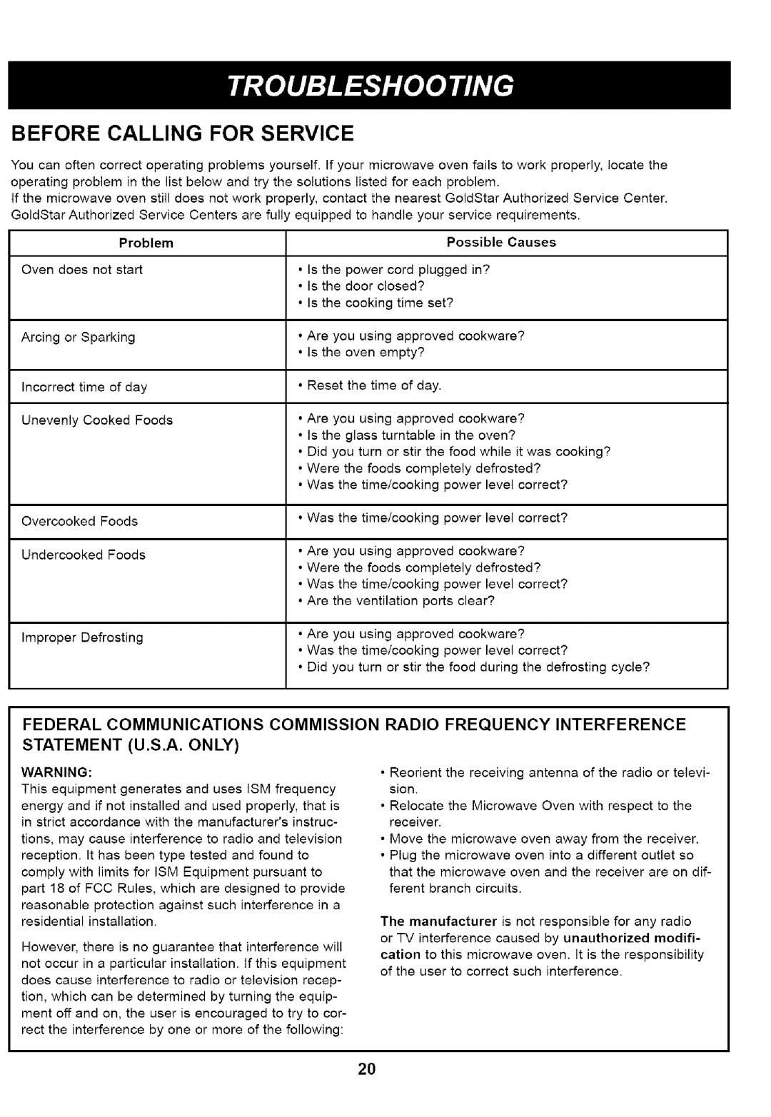 Kenmore 721.61283 manual Before Calling for Service, Problem Possible Causes 