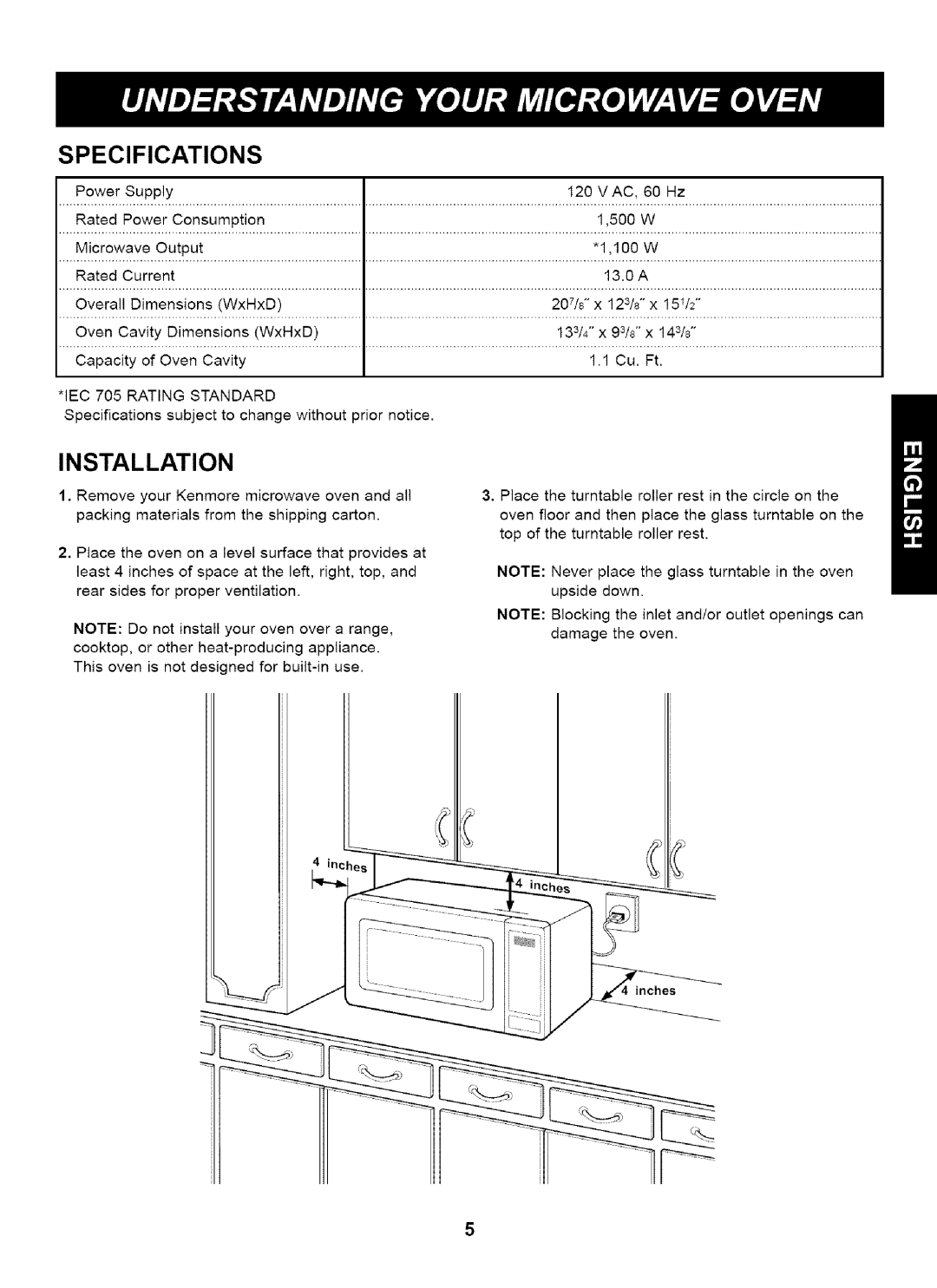 Kenmore 721.61283 manual Specifications, Installation, IEC 705 Rating Standard 