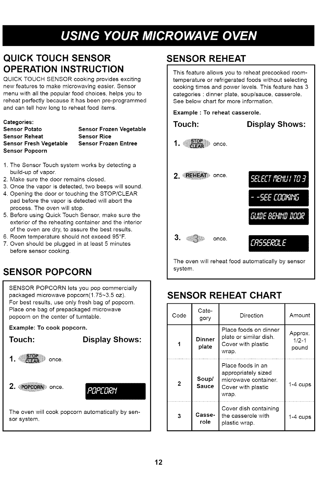 Kenmore 721.61283 Quick Touch Sensor Operation Instruction, Sensor Popcorn, 1.sTo, Sensor Reheat Chart, RE , once 