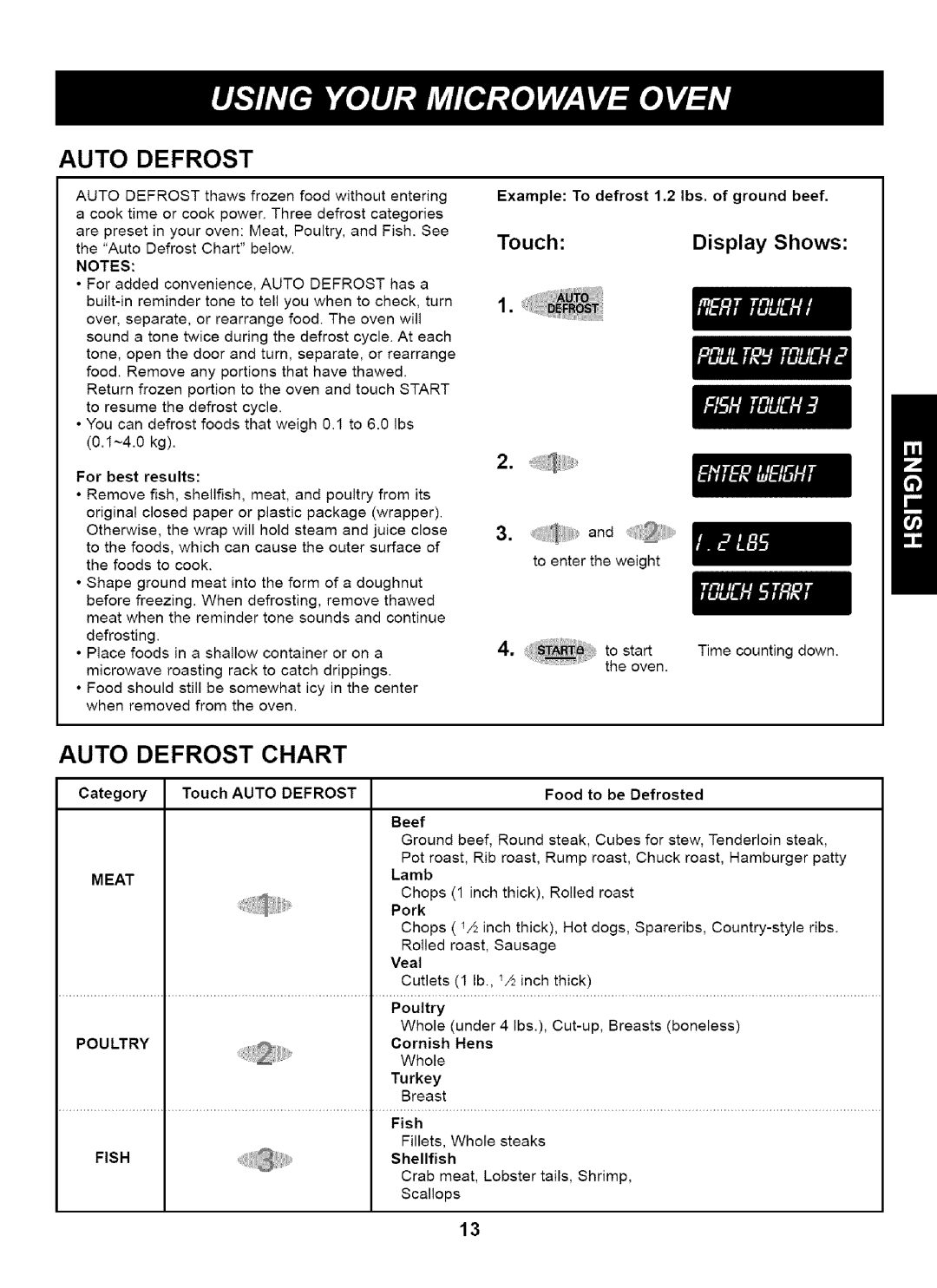 Kenmore 721.61283 Auto Defrost Chart, Touch, Display Shows, Example To defrost 1.2 Ibs. of ground beef, Category, Beef 