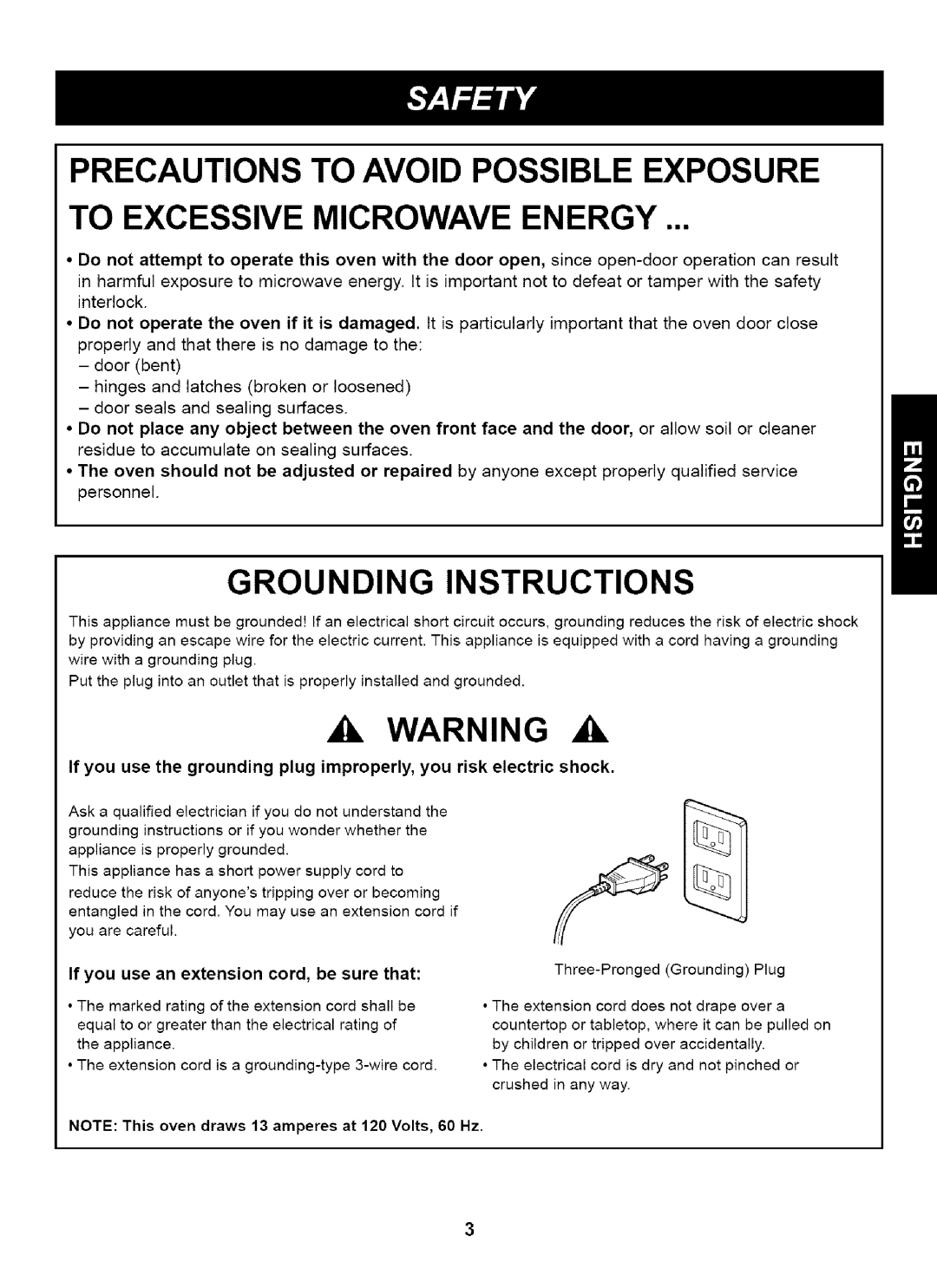 Kenmore 721.61283 manual Precautions To Avoid Possible Exposure, To Excessive Microwave Energy, Grounding Instructions 