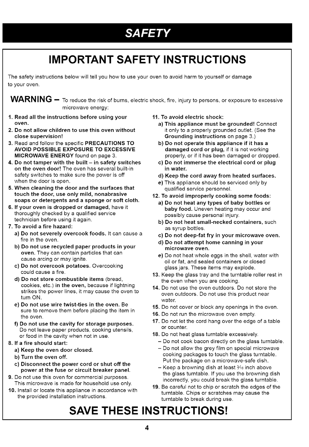 Kenmore 721.61283 manual Important Safety Instructions, Save These Instructions, energy, Read, using, Microwave 