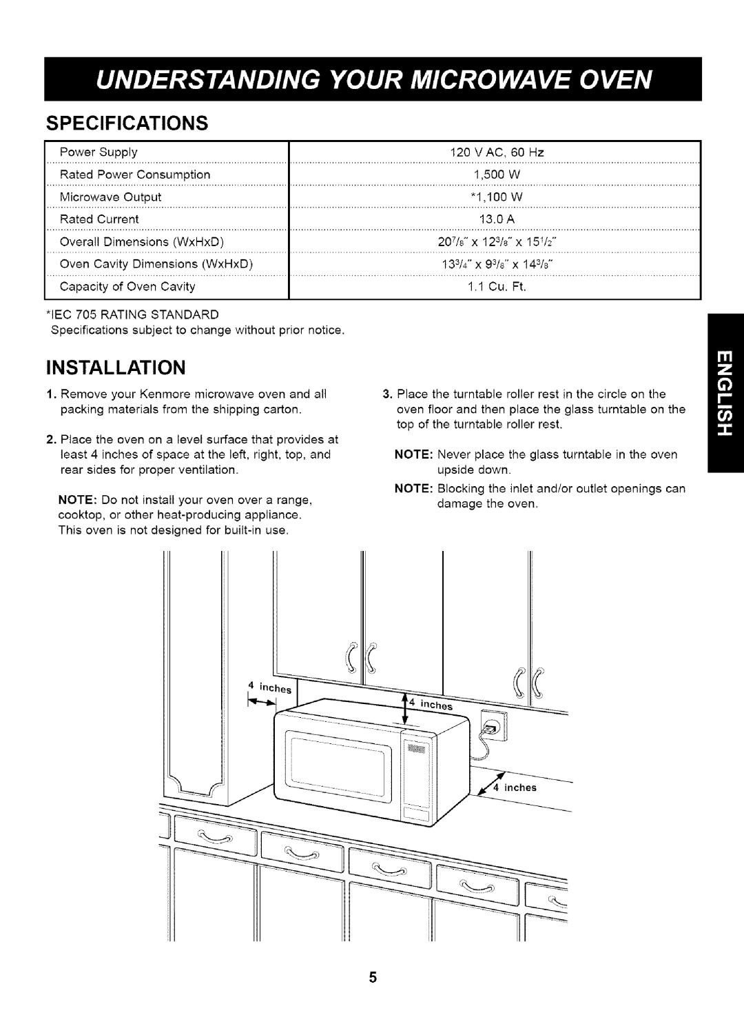 Kenmore 721.61283 manual Specifications, Installation, 1,100 W 