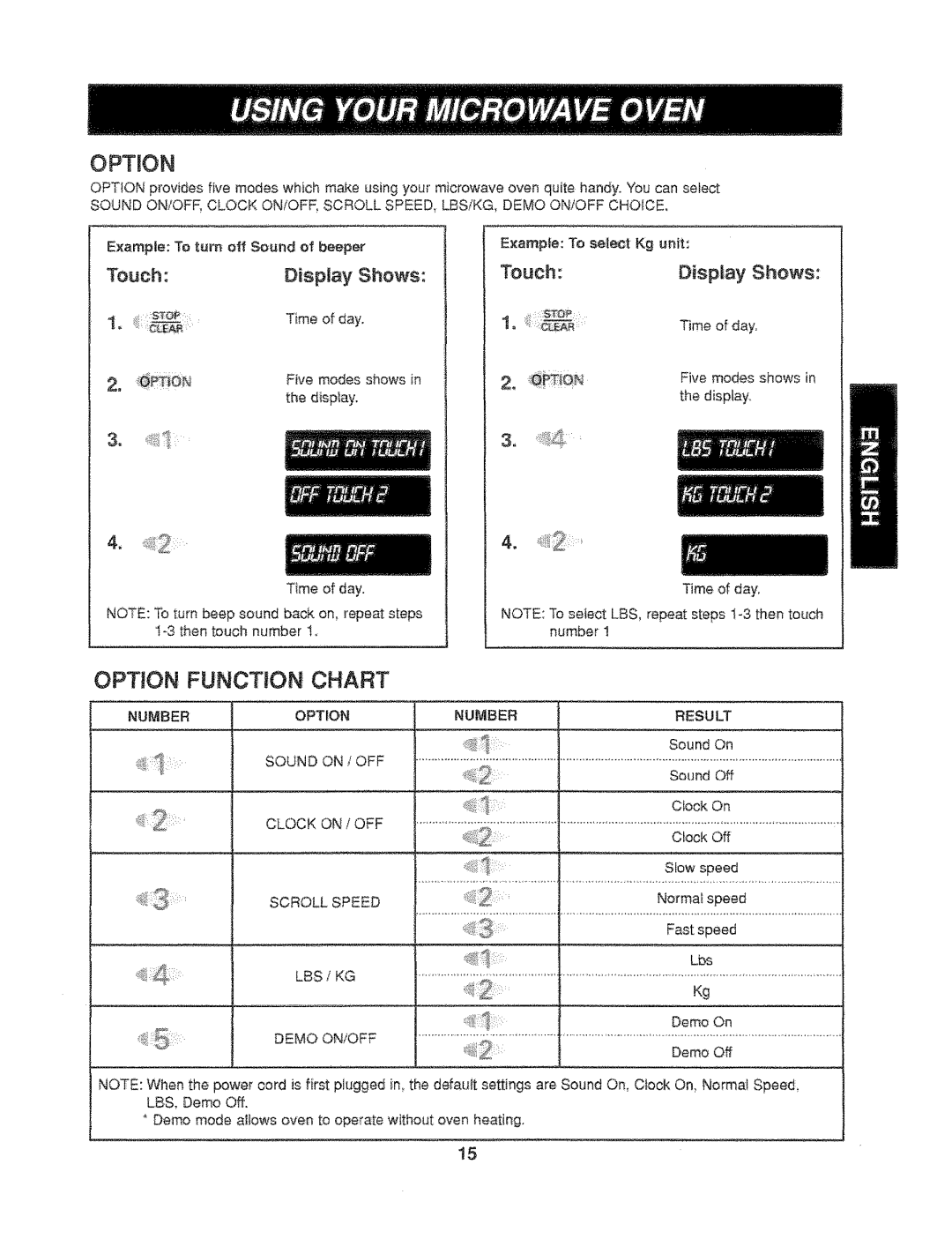 Kenmore 721.61282, 721.61289 manual Option Function Chart 