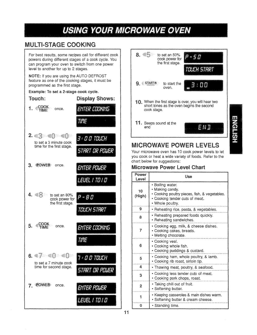 Kenmore 721.61282 manual Multf,Stage Cooking, Microwave Power Levels, 3._i_OWE_once, Microwave Power Level Chart, Touch 