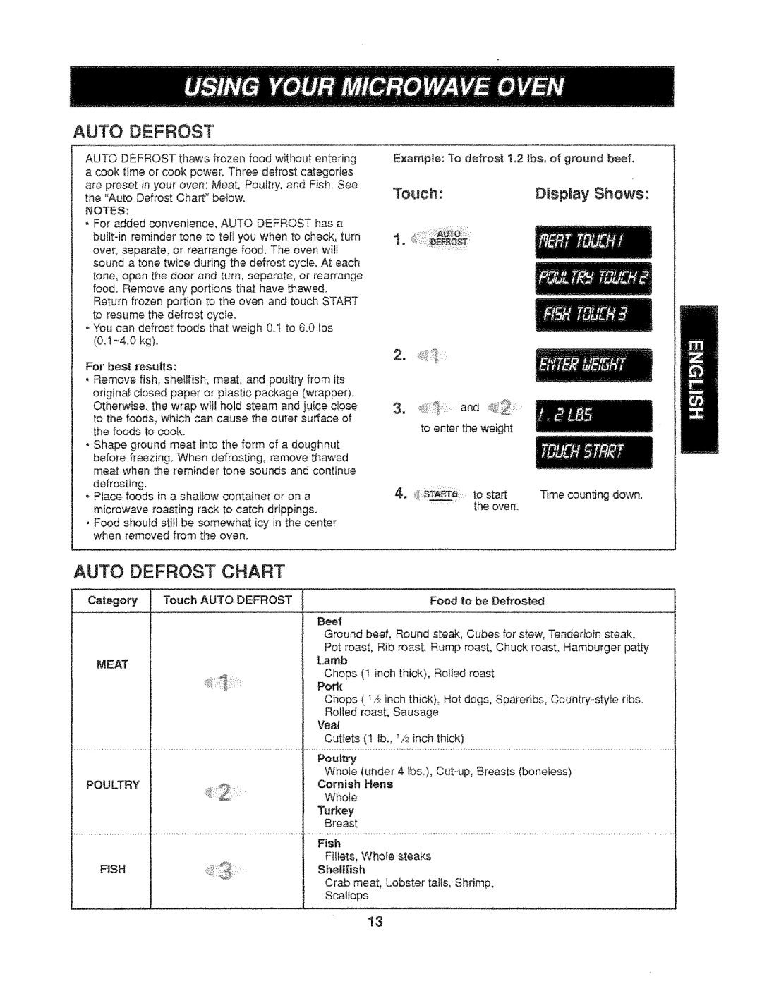 Kenmore 721.61282, 721.61289 manual Auto Defrost Chart, DispRay Shews, Touch 