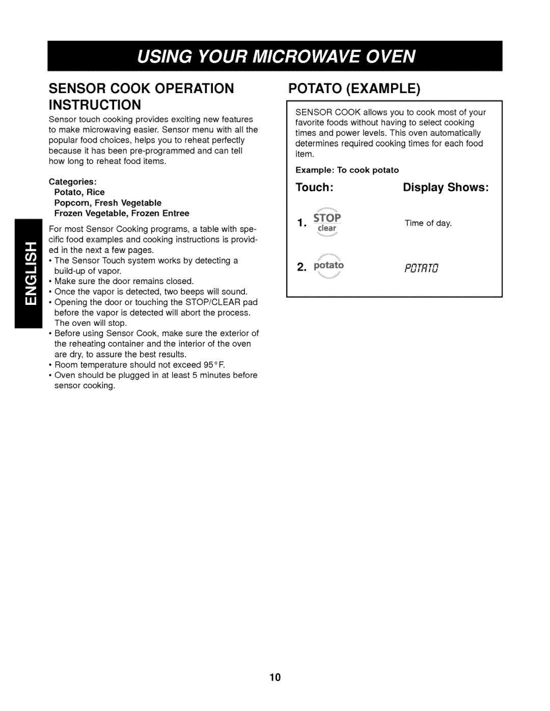 Kenmore 721.62342 manual Sensor Cook Operation, POTATO, Example, Potato, Rice, Example To cook potato 