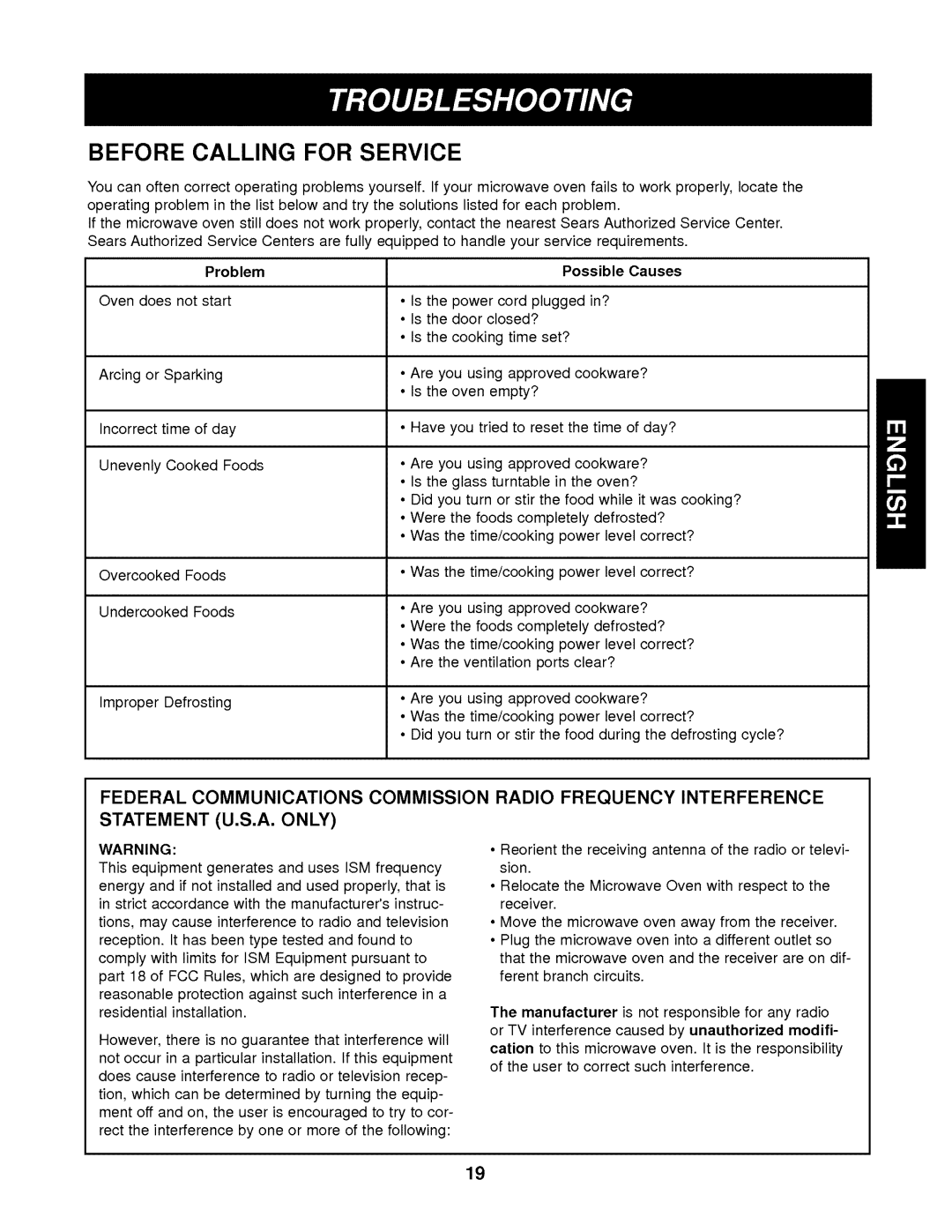 Kenmore 721.62342 manual Before Calling for Service, Problem Possible Causes 