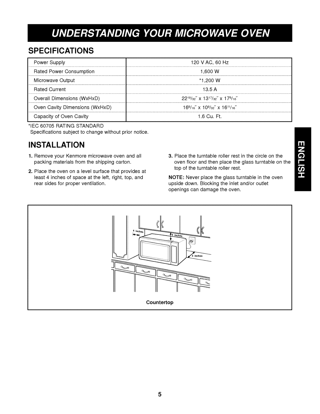 Kenmore 721.62342 manual Installation, Specifications 