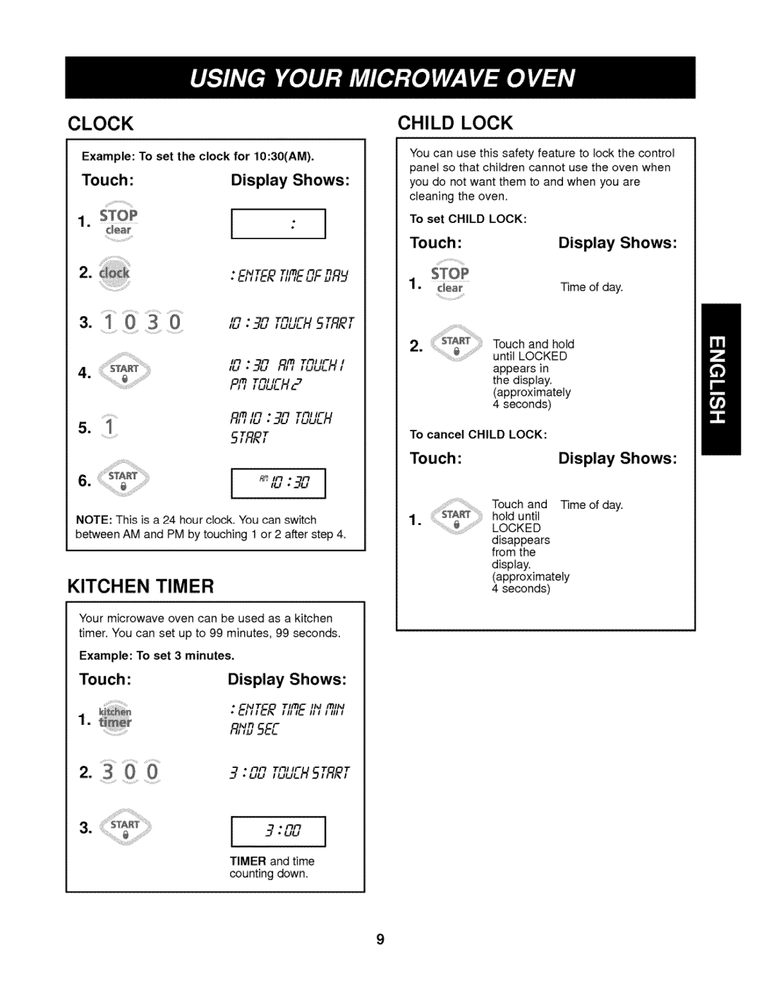 Kenmore 721.62342 manual Child Lock, Kitchen Timer, Display Shows, Example To set the clock for 1030AM 