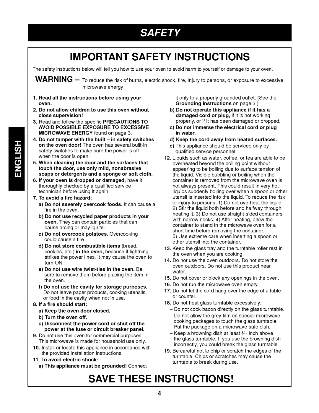 Kenmore 721.62342 manual Important Safety Instructions, Save These Instructions 