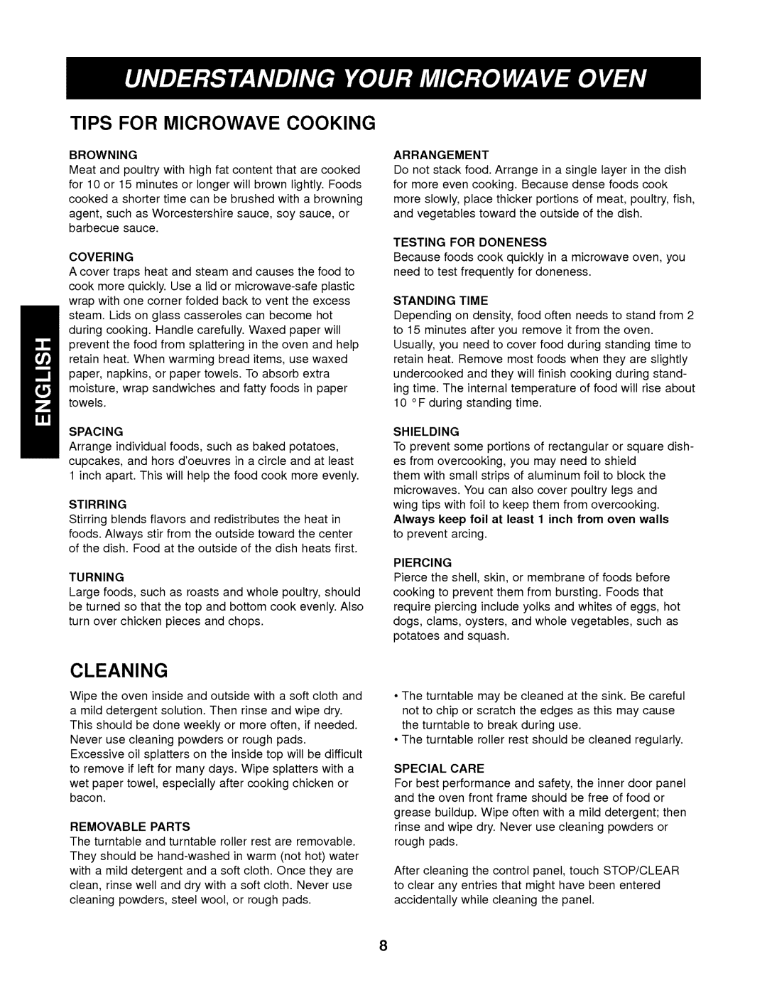 Kenmore 721.62342 manual Cleaning, Tips For Microwave Cooking 