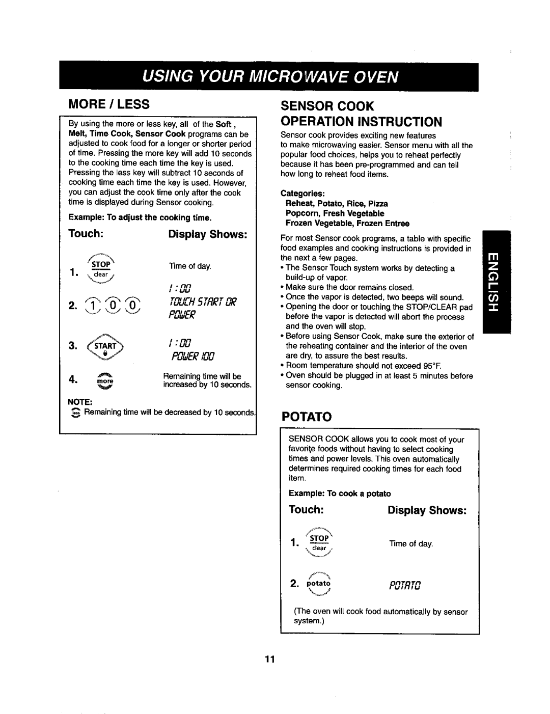 Kenmore 721.62369, 721.62362, 721.62364 manual More / Less, Sensor Cook Operation Instruction, PotatoPOTATO 