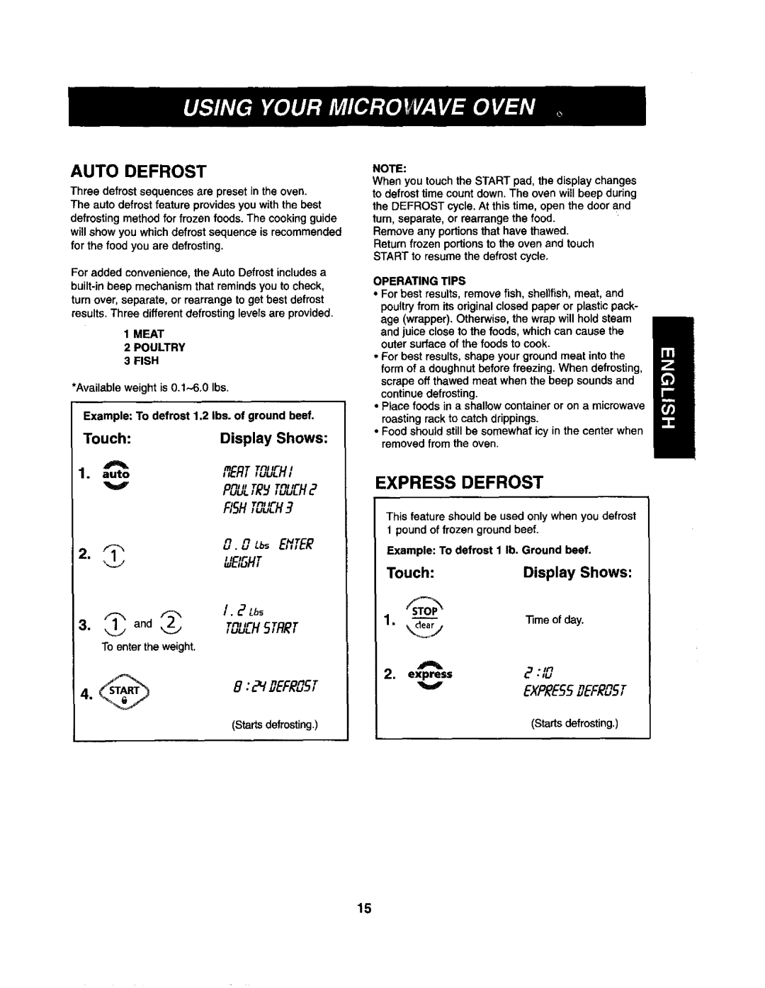 Kenmore 721.62362, 721.62364, 721.62369 manual Auto Defrost, Express Defrost, Operating Tips 