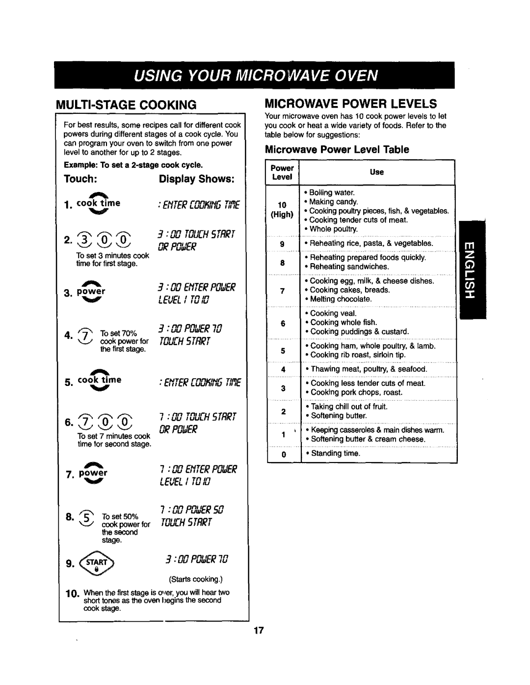 Kenmore 721.62369 manual MULTI-STAGE Cooking, Microwave Power Levels, Cook powerfor ,uu.HSTRRT, Microwave Power Level Table 