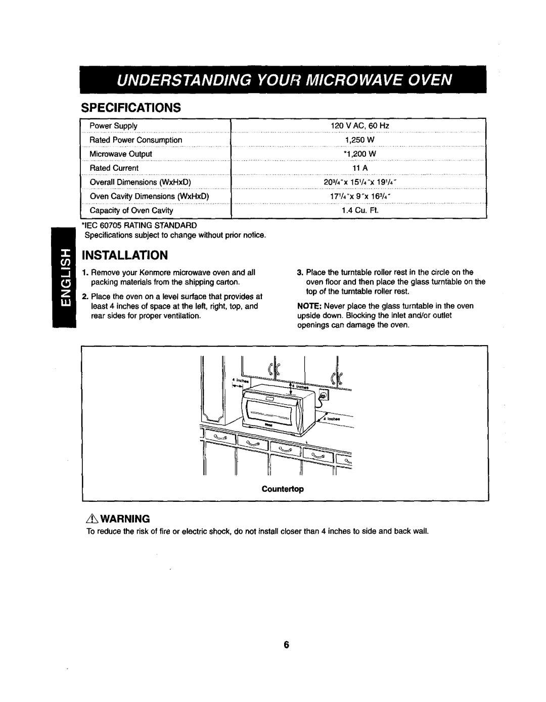 Kenmore 721.62362, 721.62364, 721.62369 manual Specifications, Installation, Oven Cavity Dimensions WxHxD, 171/4x 9x 163/4 