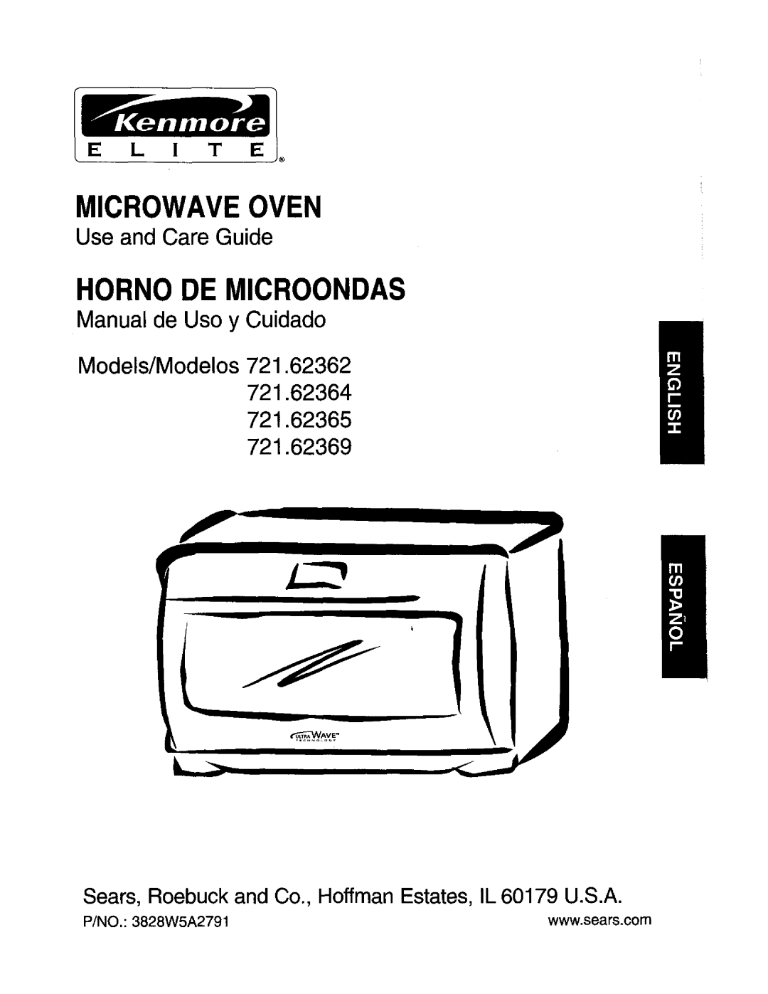 Kenmore 721.62364 manual Use and Care Guide, Manual de Uso y Cuidado, P/NO. 3828W5A2791, Microwave Oven, Model#Modelos 