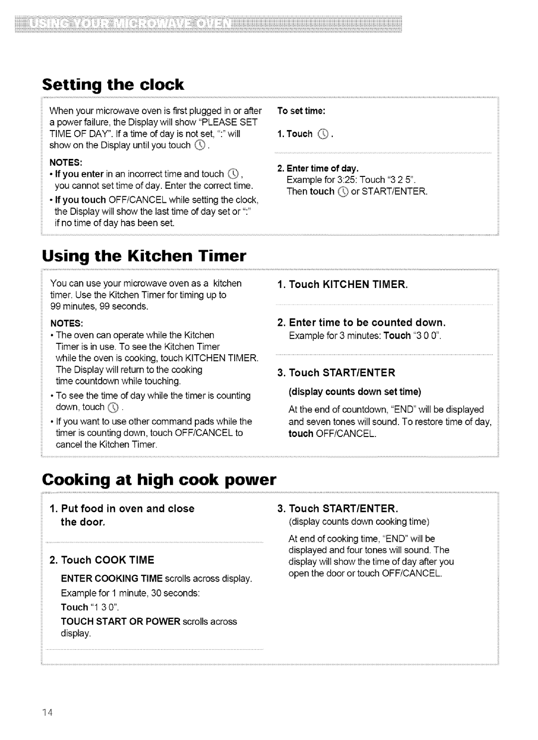 Kenmore 721.62752, 721.62759 manual Setting the clock, Using the Kitchen Timer, Cooking at high cook power 