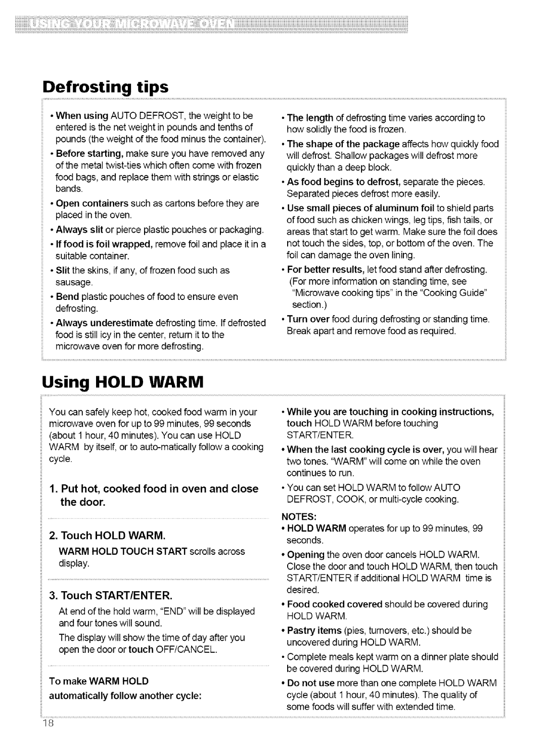 Kenmore 721.62752, 721.62759 manual Defrosting tips, Using Hold Warm, Put hot, cooked food in oven and close the door 