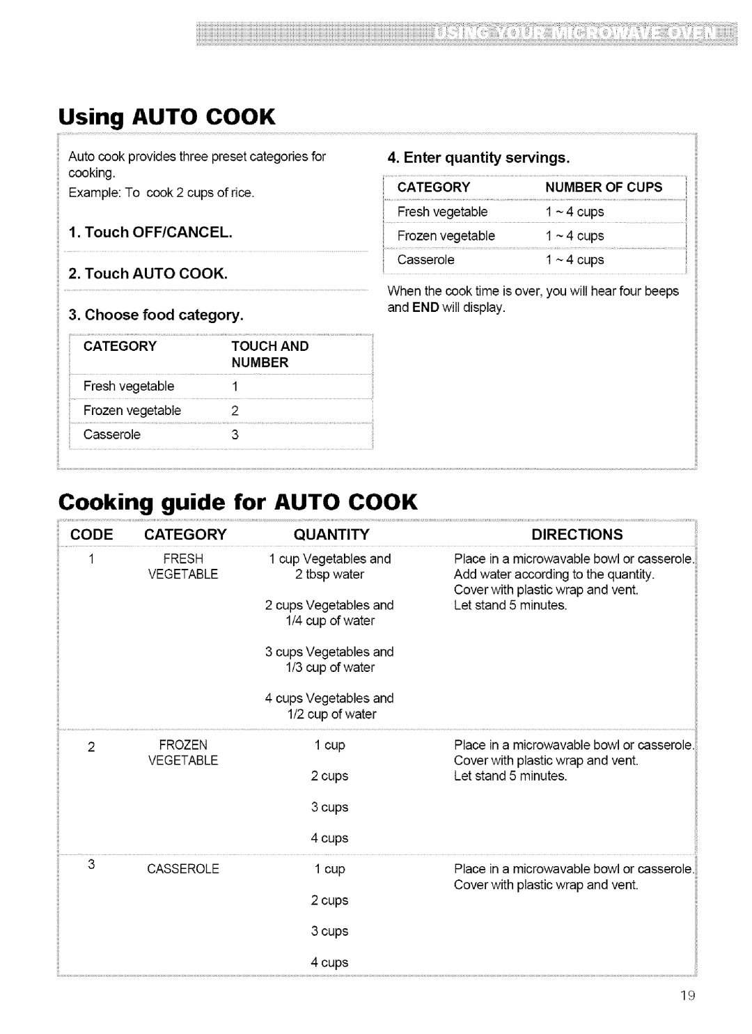 Kenmore 721.62759, 721.62752 manual Using Auto Cook, Cooking guide for Auto Cook, Category Touch Number, Quantity Directions 