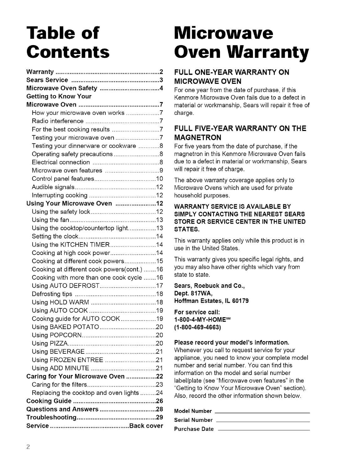 Kenmore 721.62752, 721.62759 manual Contents 