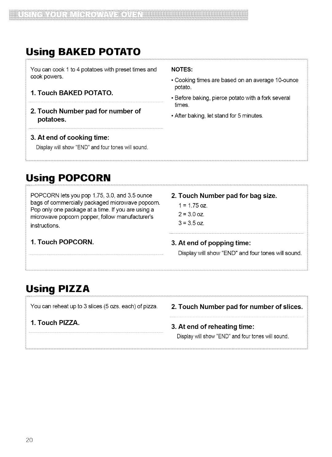 Kenmore 721.62752, 721.62759 manual Using Baked Potato, Using Popcorn, Using Pizza 