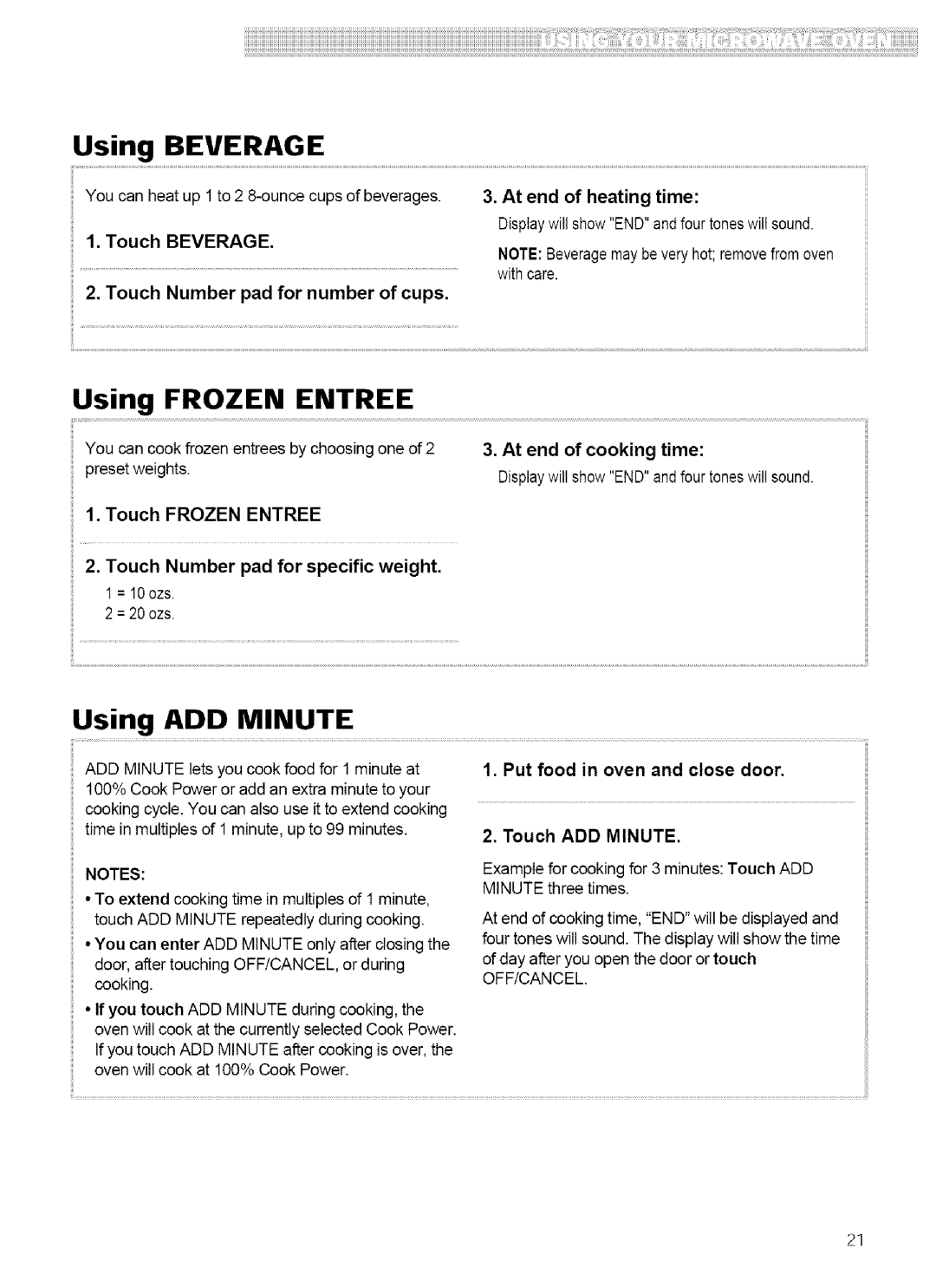 Kenmore 721.62759, 721.62752 manual Using Beverage, Using Frozen Entree, Using ADD Minute, At end of heating time 