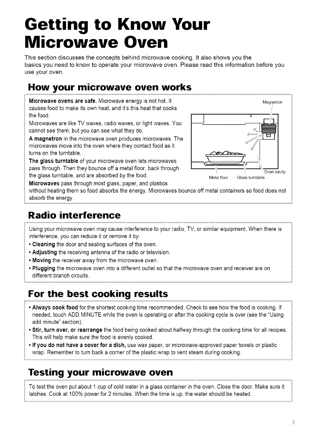 Kenmore 721.62759 manual Getting to Know Your Microwave Oven, How your microwave Oven works, Testing your microwave oven 