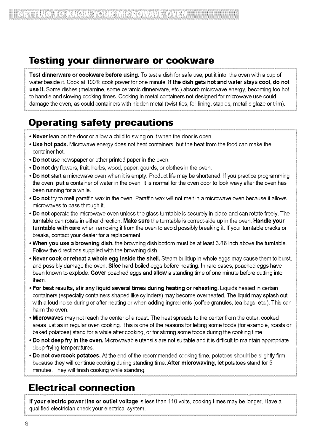 Kenmore 721.62752, 721.62759 manual Testing your dinnerware or cookware, Erating safety precautions, Electrical connection 