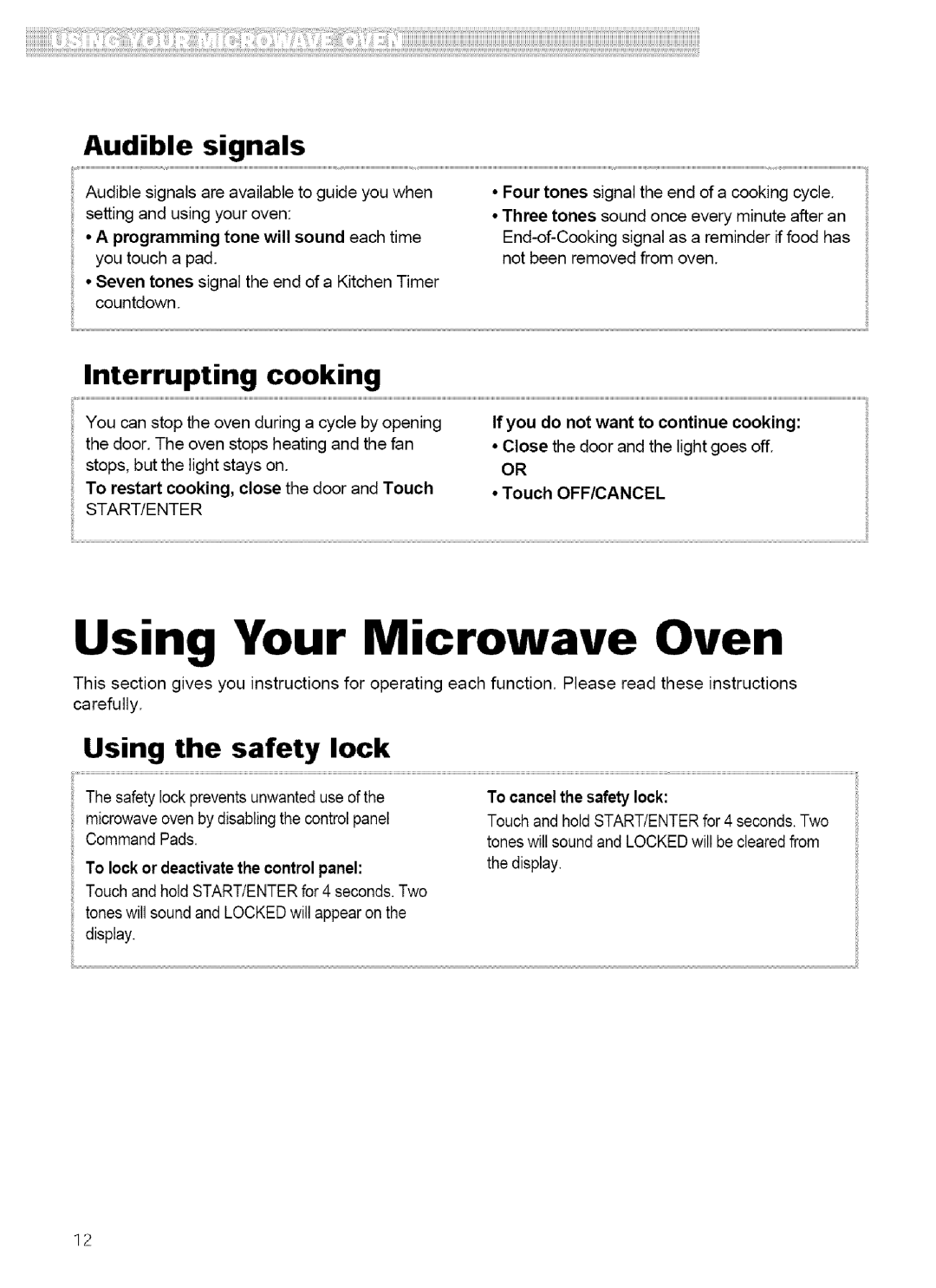 Kenmore 721.62752, 721.62759 manual Using Your Microwave Oven, Audible signals, Interrupting, cooking, Using the safety lock 