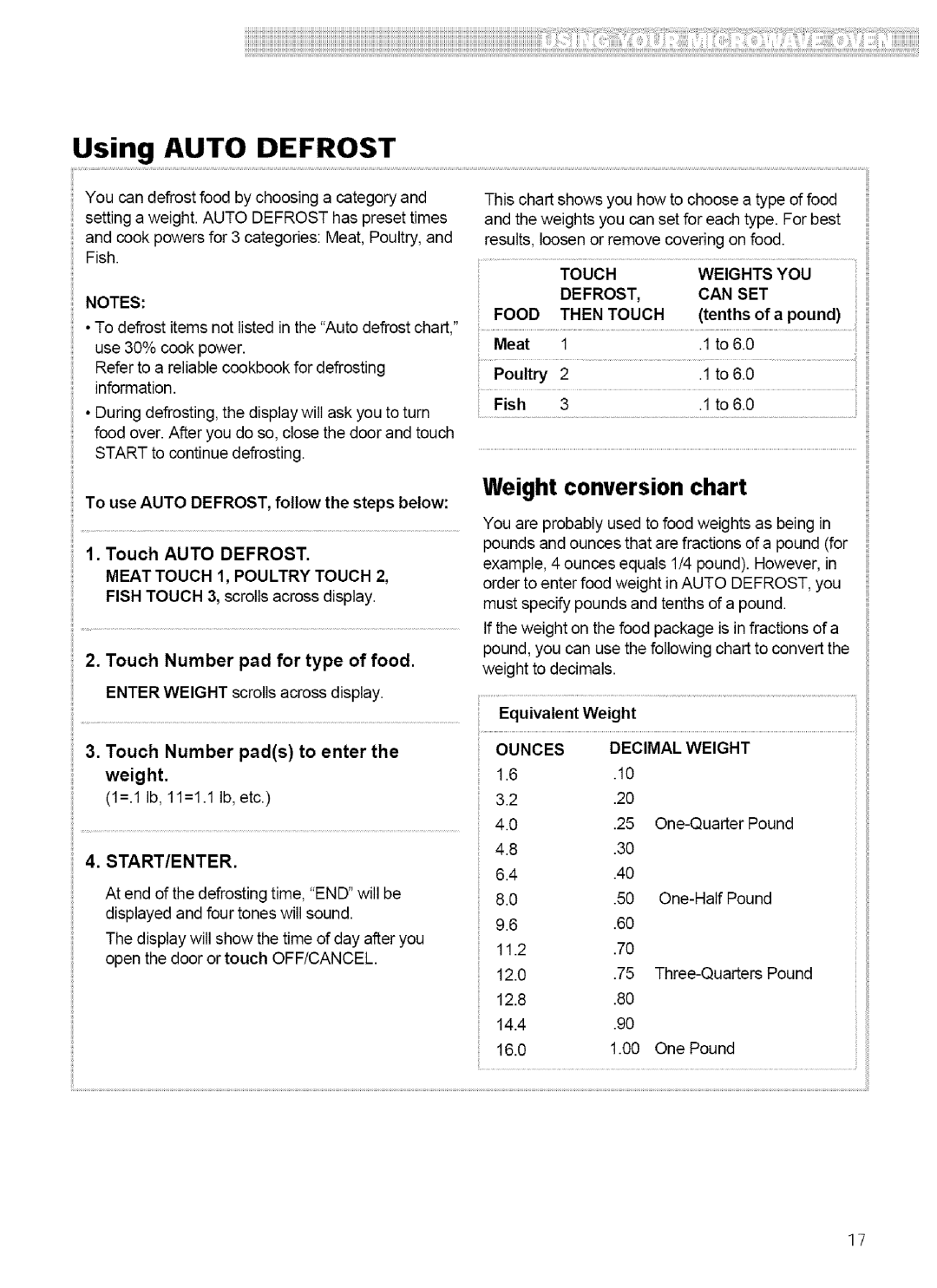 Kenmore 721.62759, 721.62752 manual Using AUTO DEFROST, Weight conversion chart 
